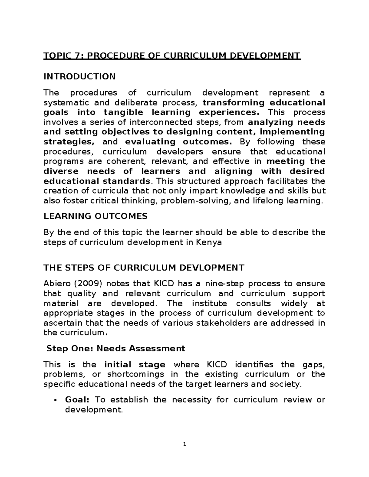 Topic 7: Stages of Curriculum Development Process - Studocu