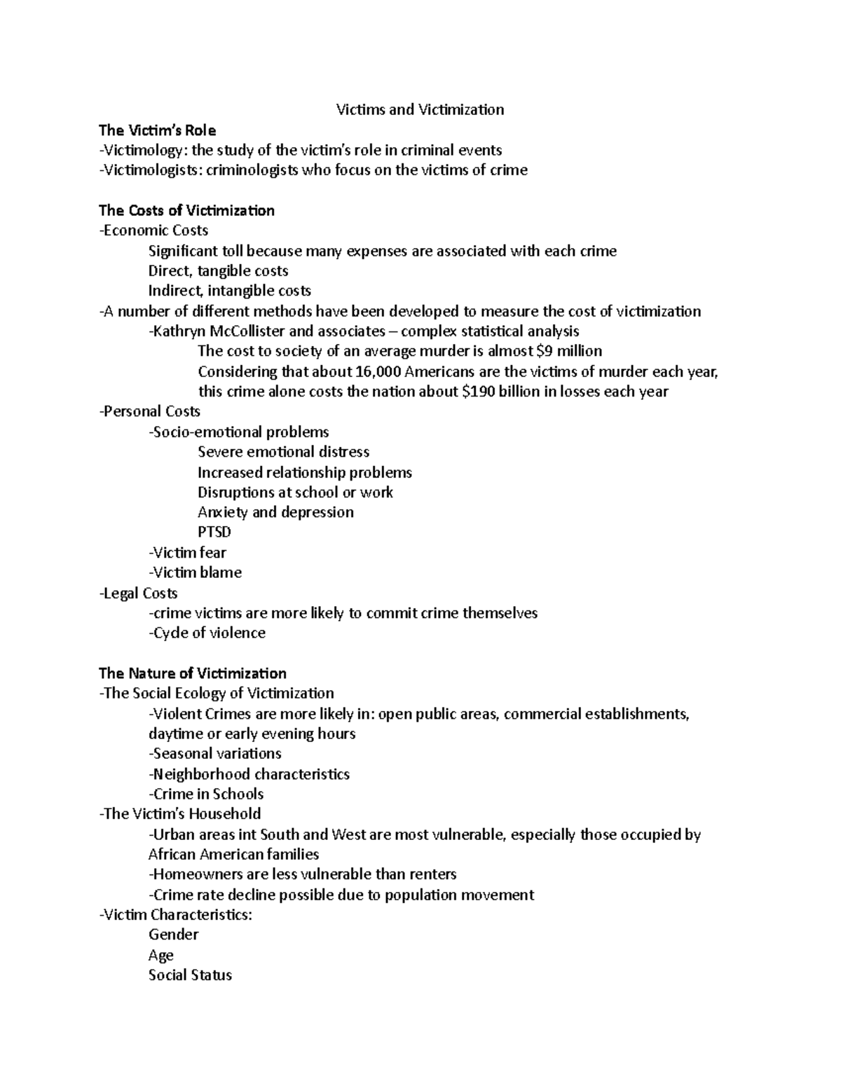 Crim ch 3 notes - Victims and Victimization The Victim’s Role ...
