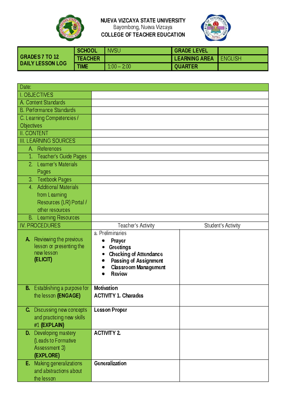 NUEVA VIZCAYA STATE UNIVERSITY 7Es Lesson Plan Template for English ...
