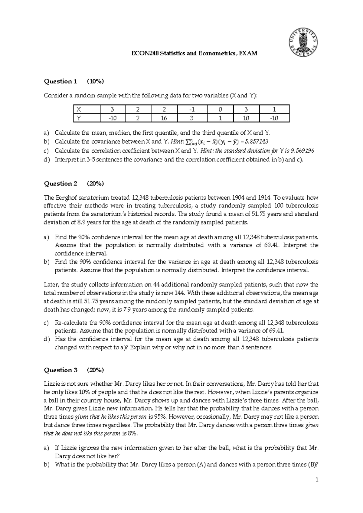ECON240 Final Exam - Statistics & Econometrics 2022 Questions and ...