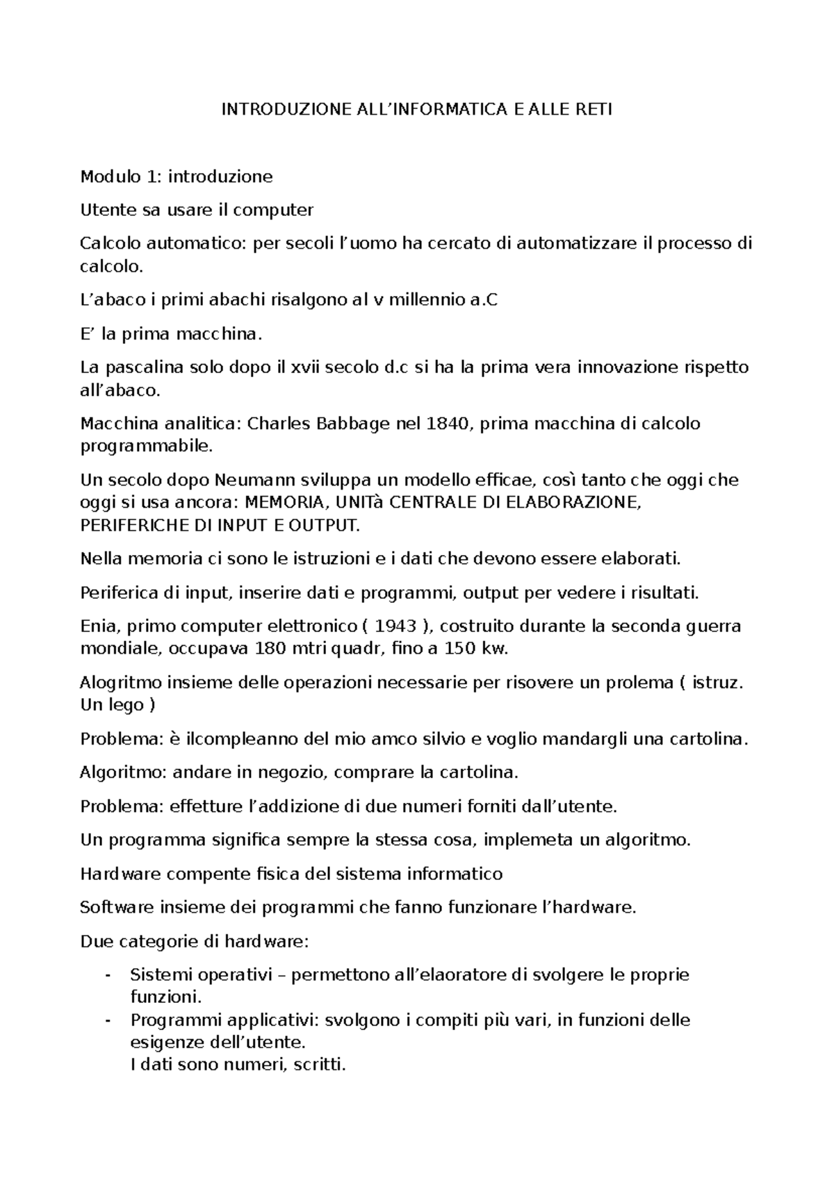 introduzione all'informatica e alle reti