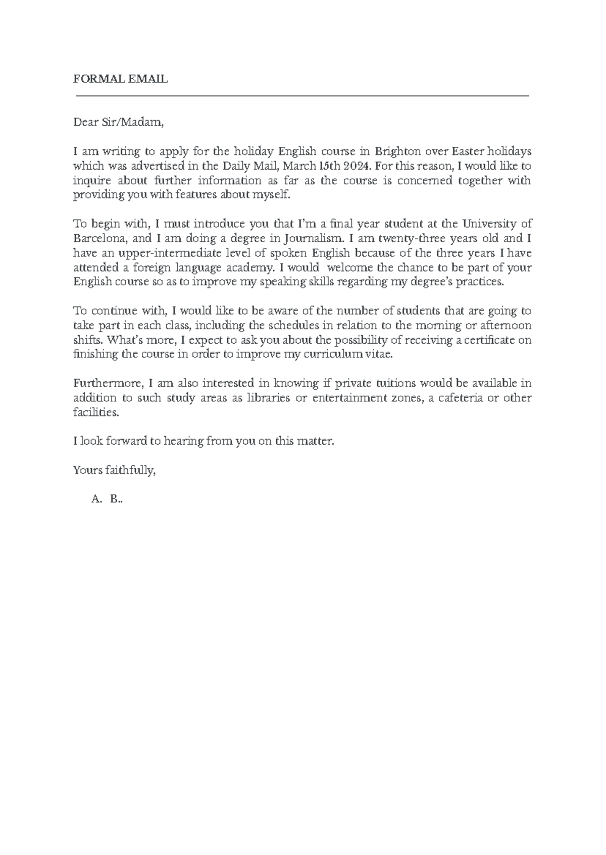 Formal Email Example - English Course Application - Studocu