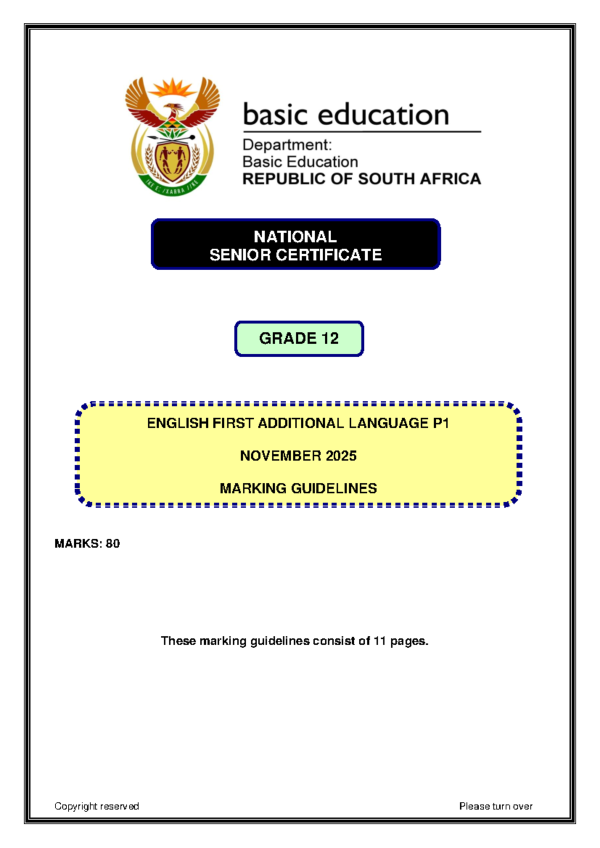 NSC Grade 12 English First Additional Language P1 Marking Guidelines ...