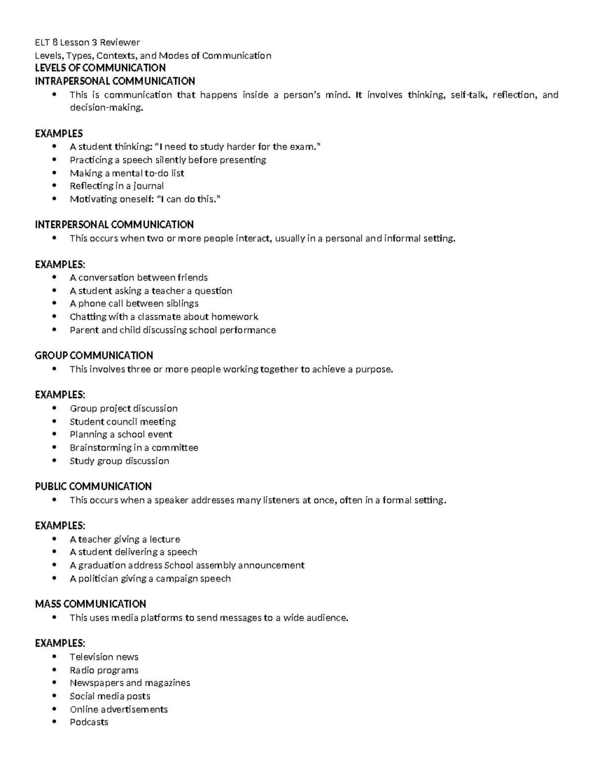 ELT 8 Lesson 3 Reviewer: Levels, Types, Contexts & Modes of ...