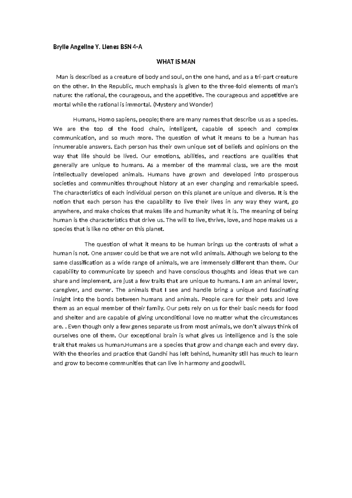 BSN Essay Notes: Exploring the Essence of Humanity - Studocu