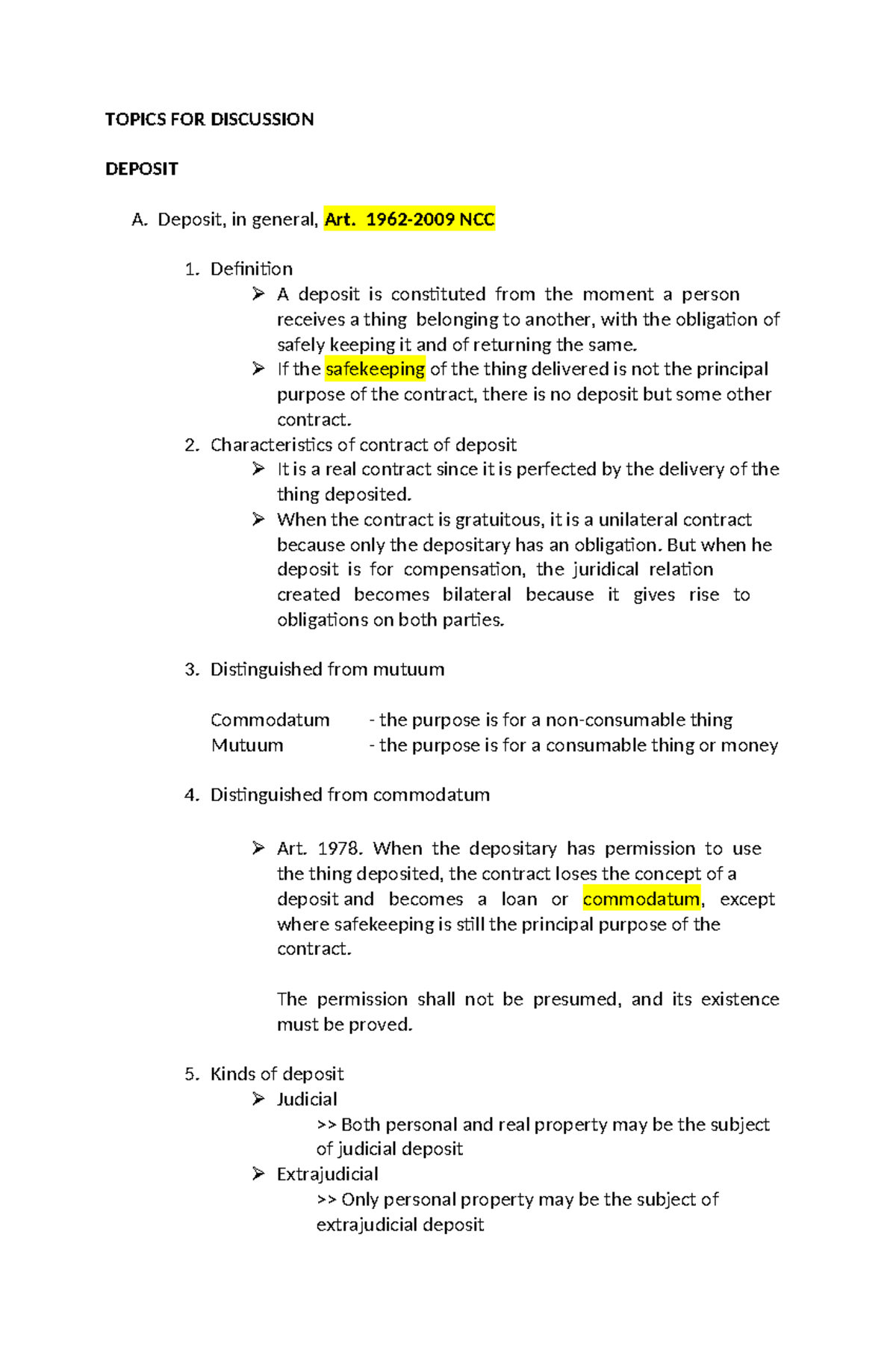 Notes #5 - Commercial Law 1: Deposit and Guaranty Concepts - Document Preview