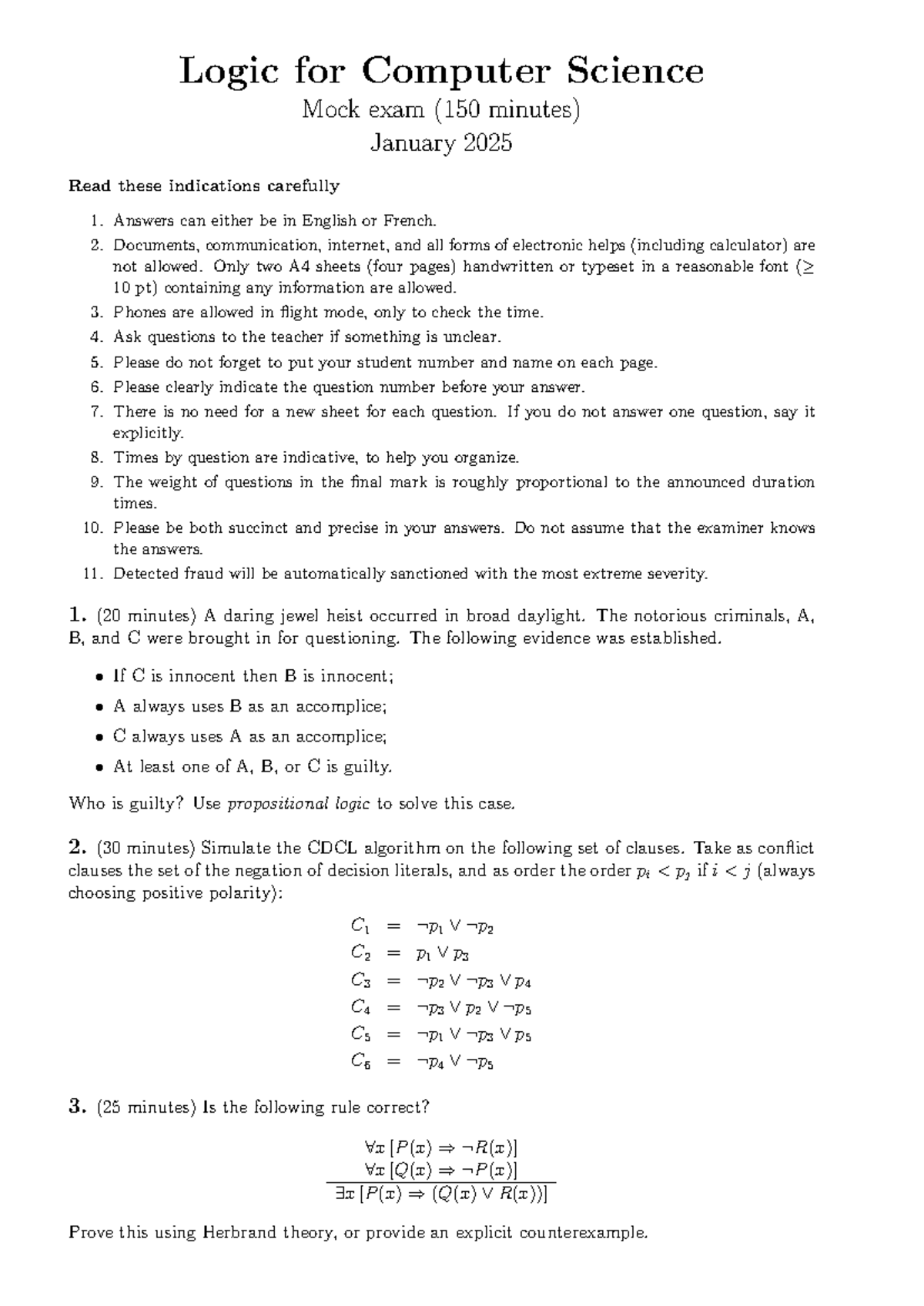 Exam logic 20242025 mock - Logic for Computer Science Mock exam (150 ...