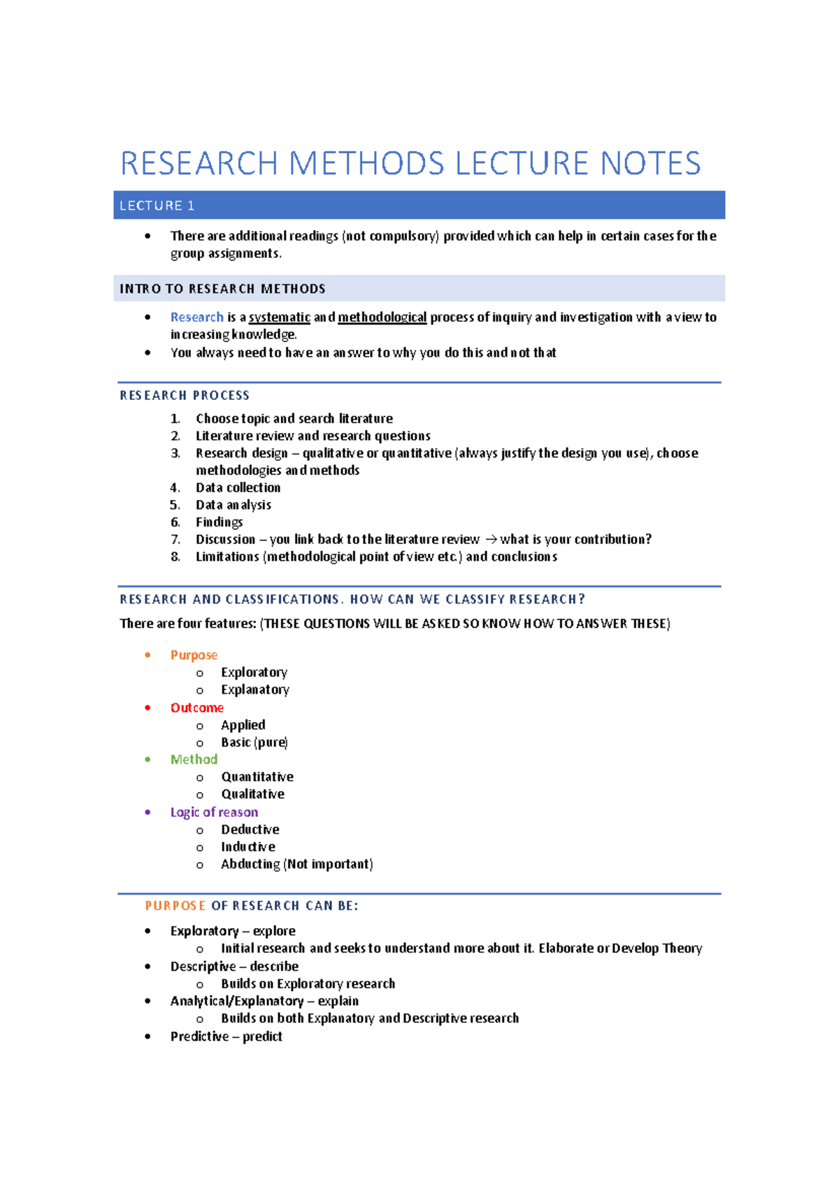 Research Methods Lecture Notes - Design, Implementation & Analysis ...