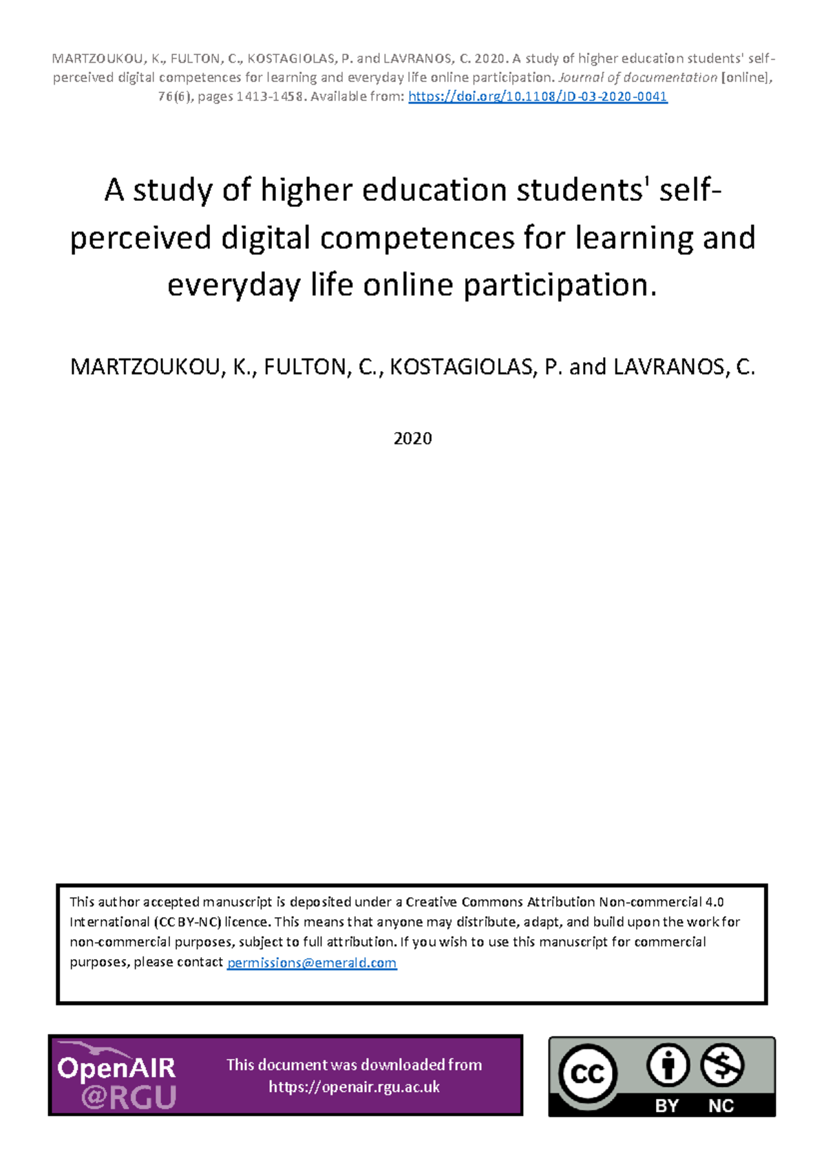 Digital Competences in Higher Education: A Study of Self-Perception ...
