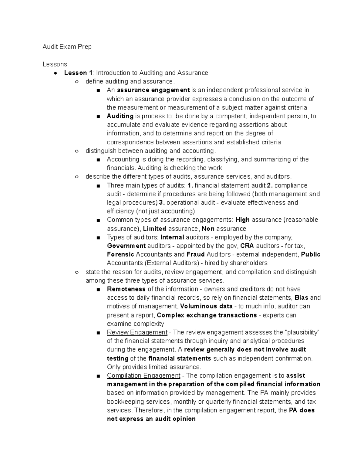 Audit Exam Prep - Comprehensive Study Notes for Course AUD101 - Studocu