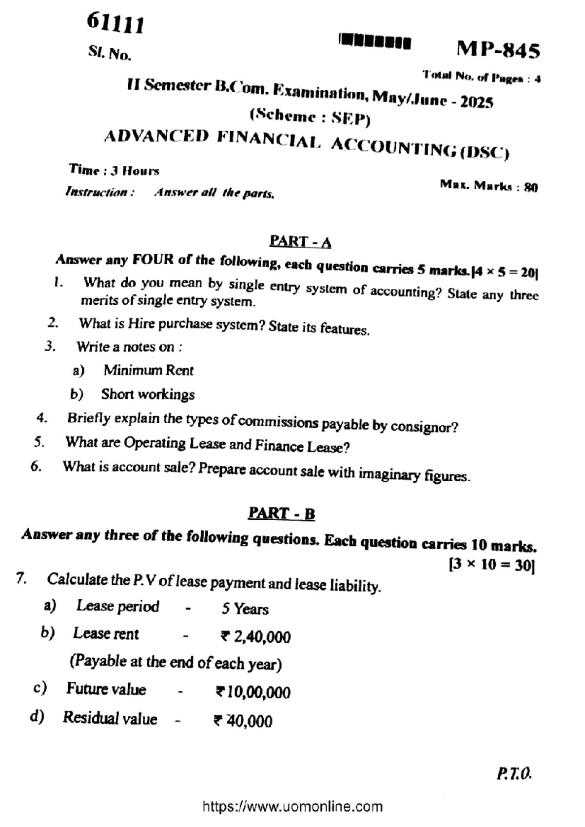 B.Com 2nd Sem Advanced Financial Accounting Exam Notes (MP 845) - Studocu