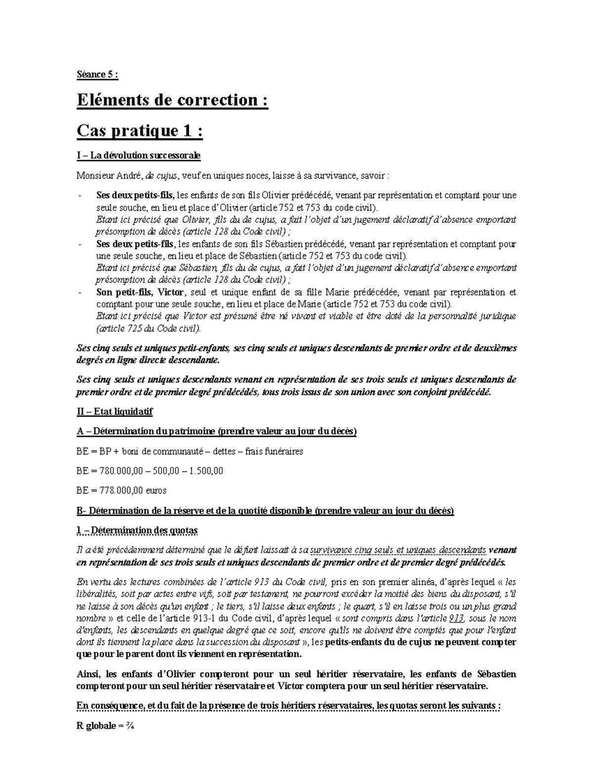 TD n°6 : Corrigés des Cas Pratiques de Dévolution Successorale - Studocu