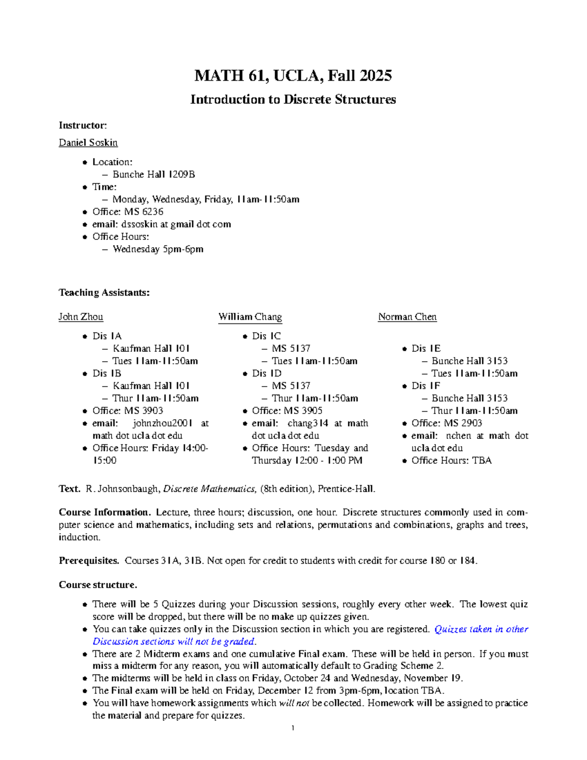 MATH 61, UCLA Fall 2025 - Discrete Structures Syllabus - Studocu