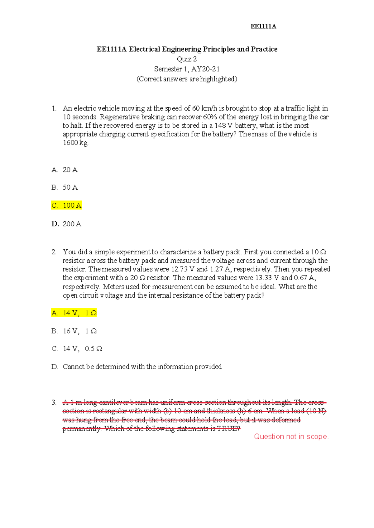 EE1111A Electrical Engineering Principles Quiz 2 Sem 1 with Answers ...