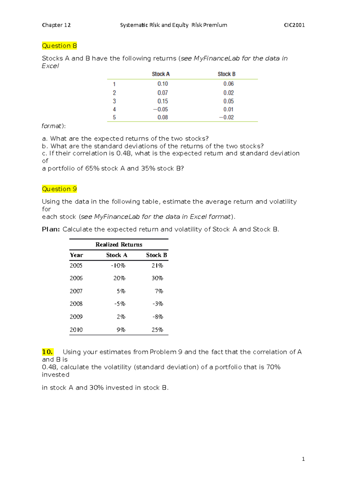 Chapter 12 Review Questions on Systematic Risk & Equity Risk Premium ...
