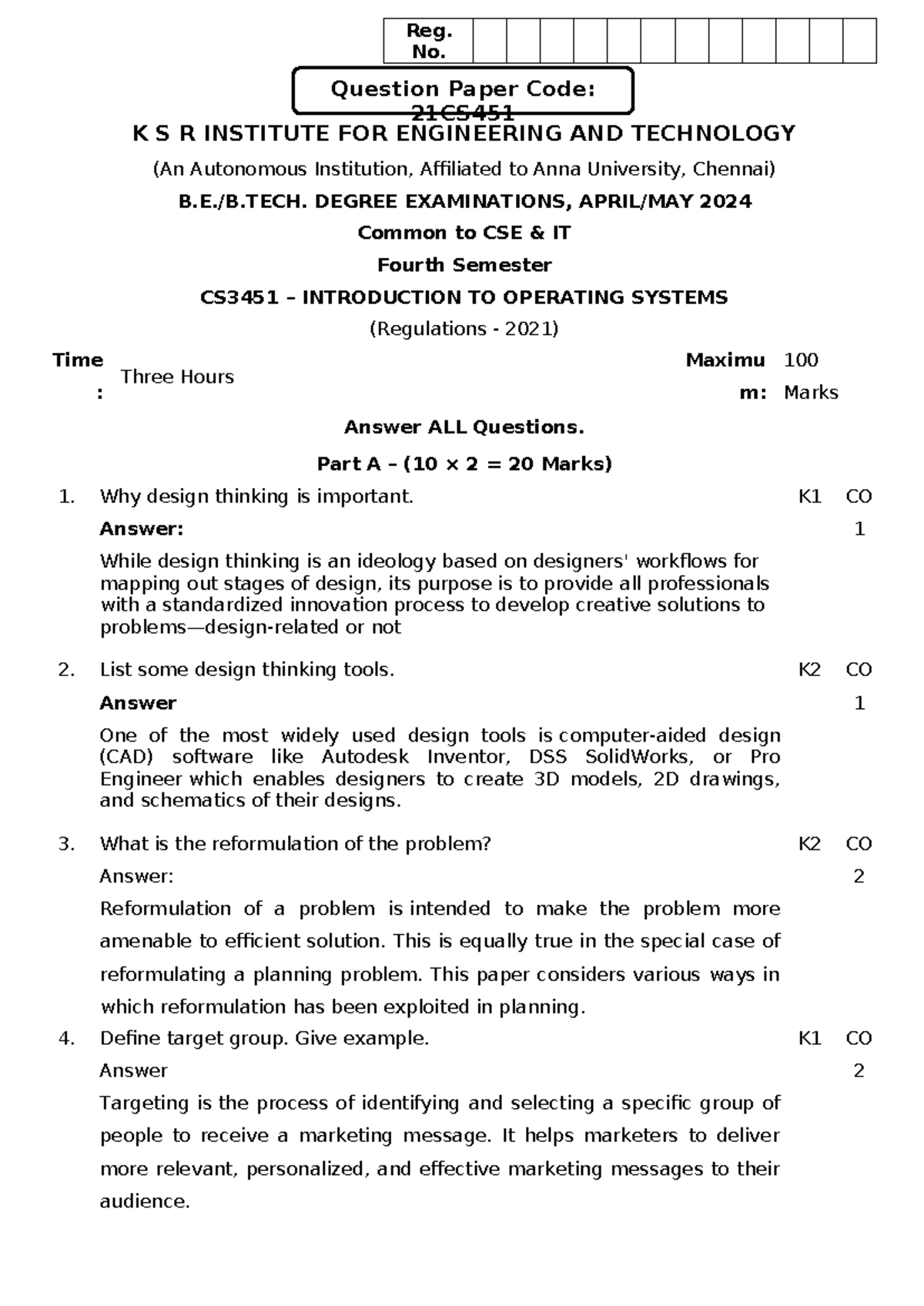 CS3451: Design Thinking Answer Key for Operating Systems Exam - Studocu