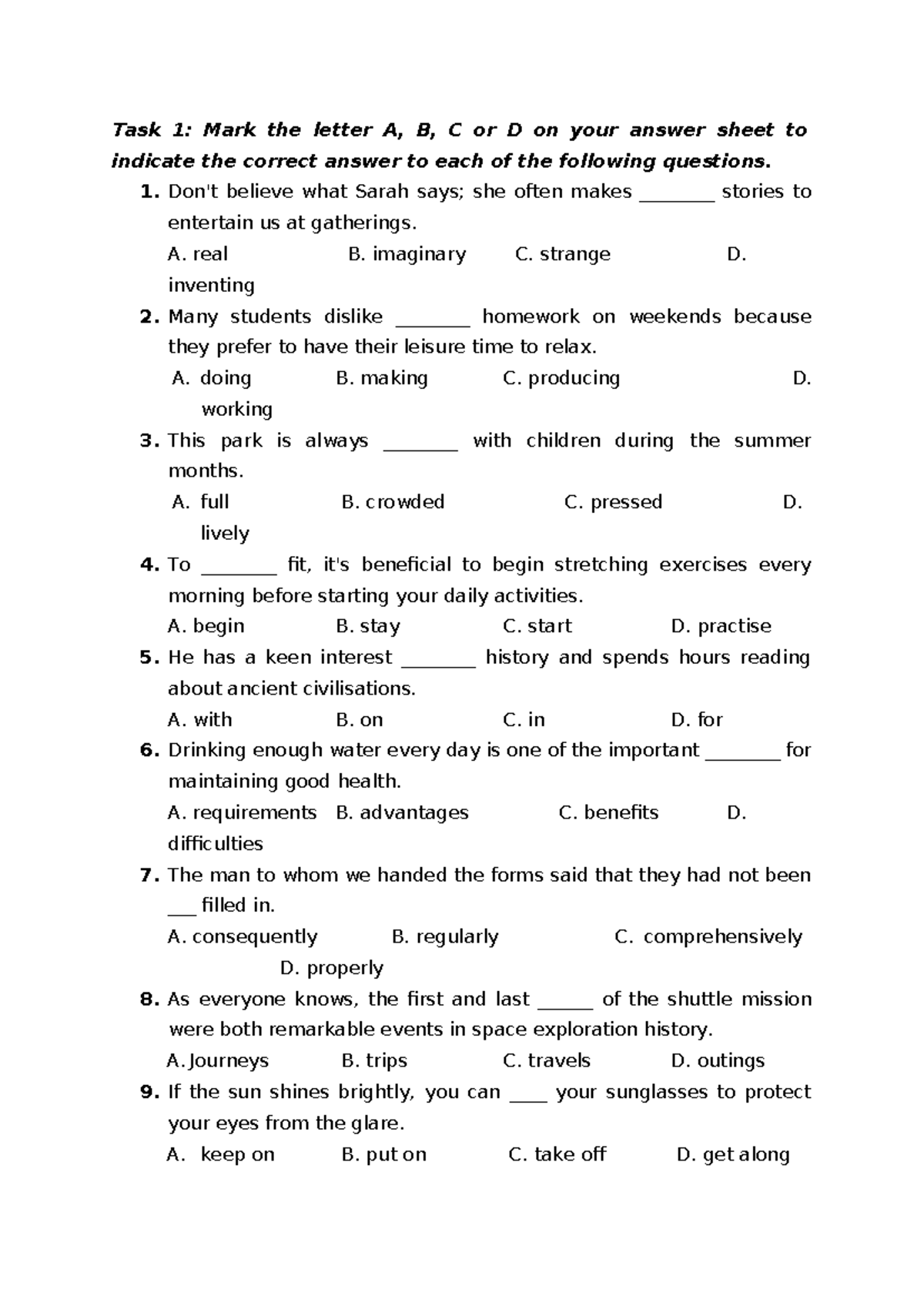 Task 1: Multiple Choice Questions for English Language Proficiency ...