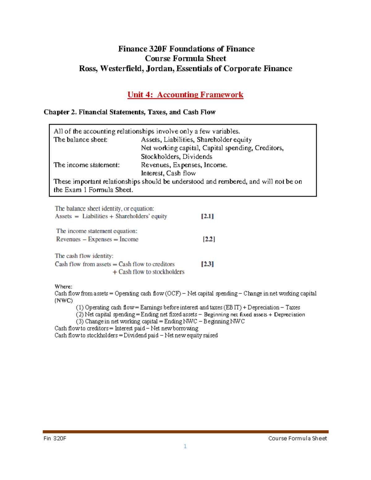 Fin 320F Final Exam Formula Sheet: Key Concepts and Equations - Document Preview