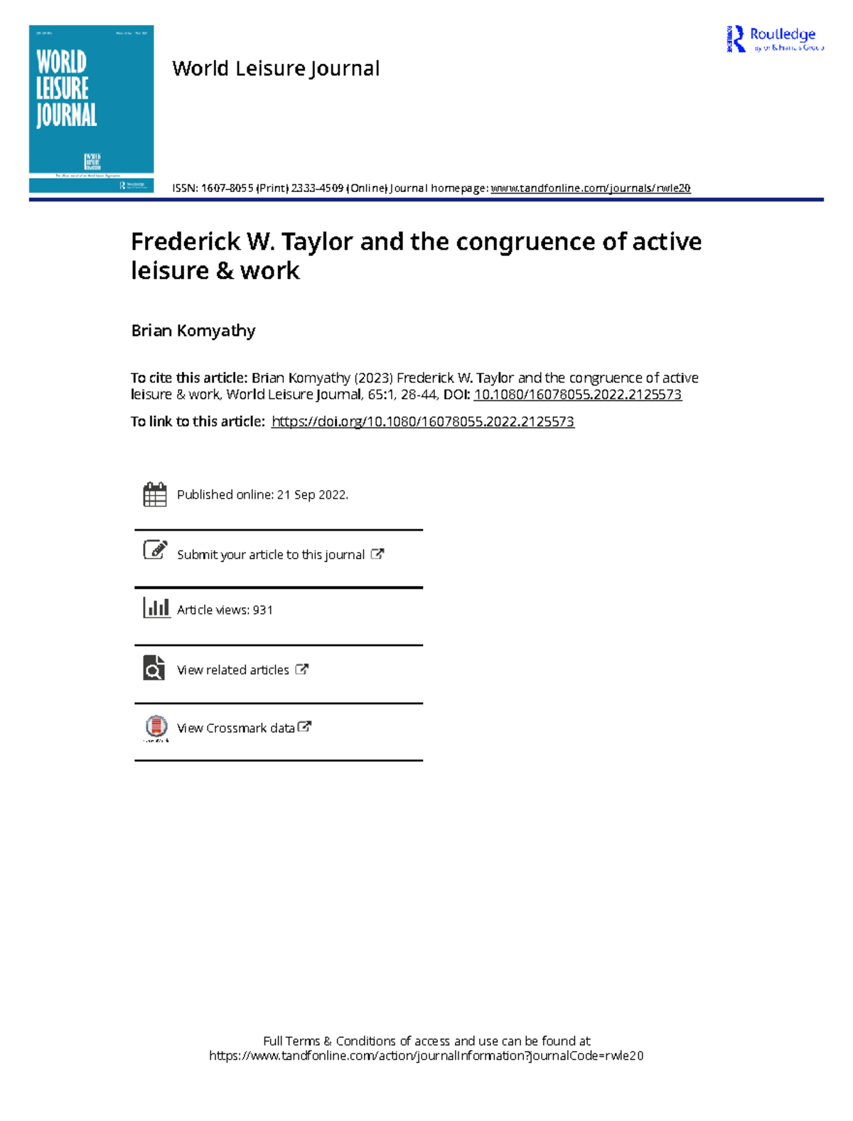 Frederick W. Taylor: Work and Leisure Integration in LTPA - Studocu