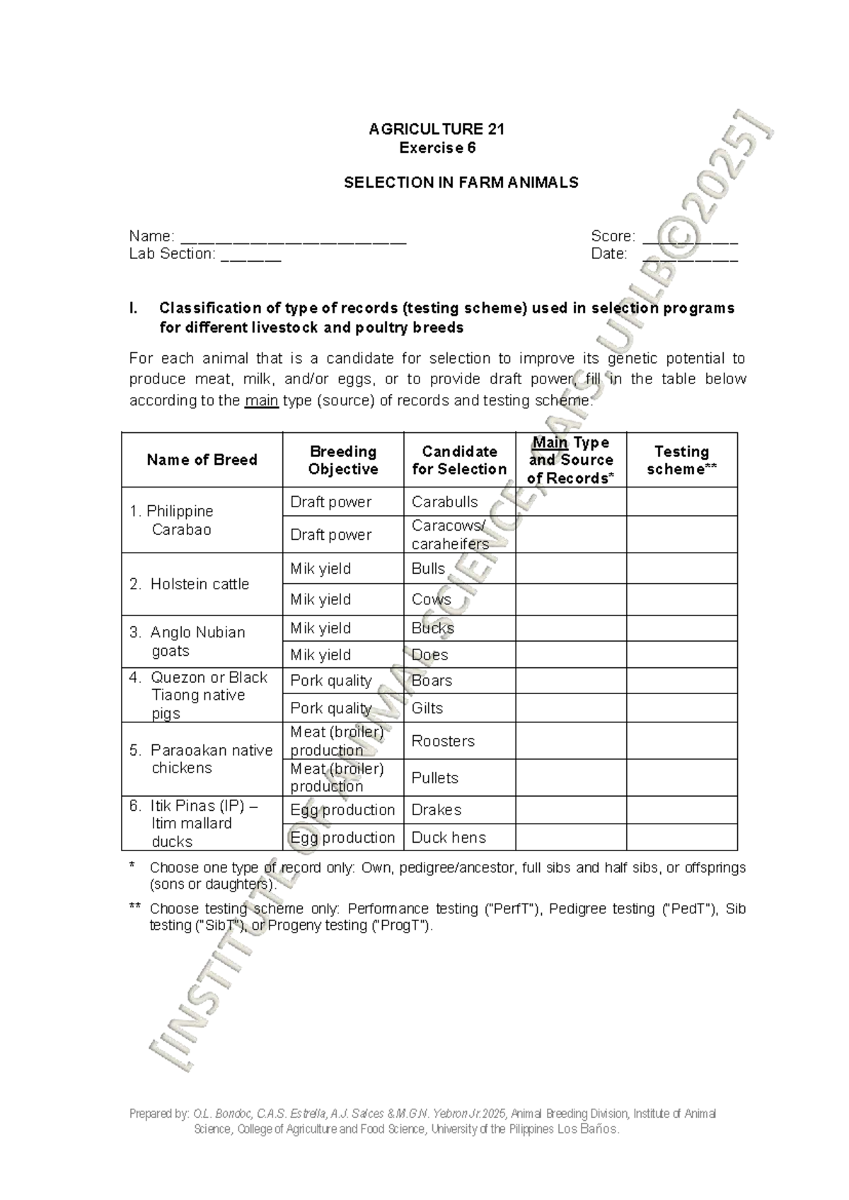 AGRICULTURE 21 Exercise 6: Selection in Farm Animals Analysis - Studocu
