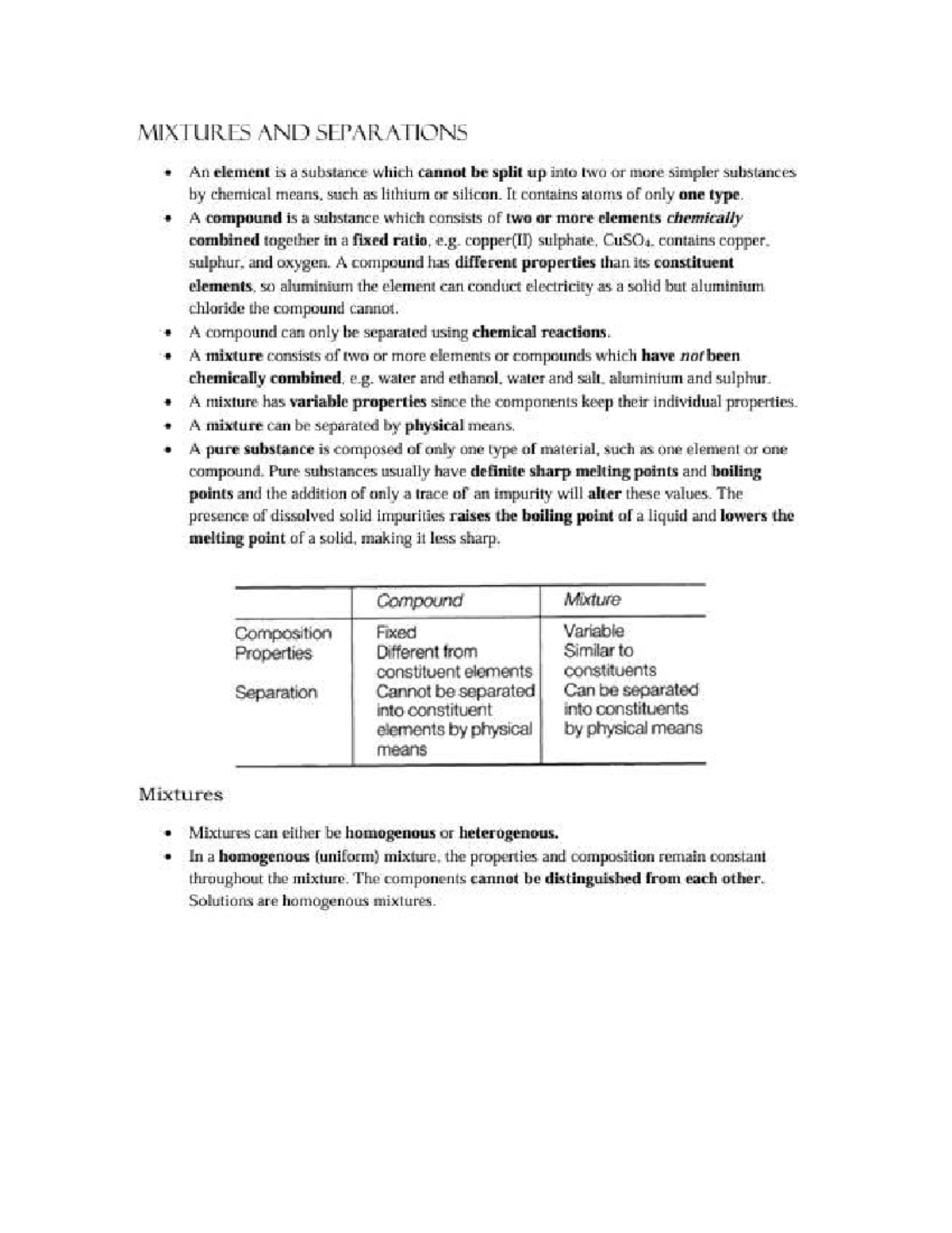 MIXTURES AND SEPARATIONS: Understanding Elements, Compounds, and ...