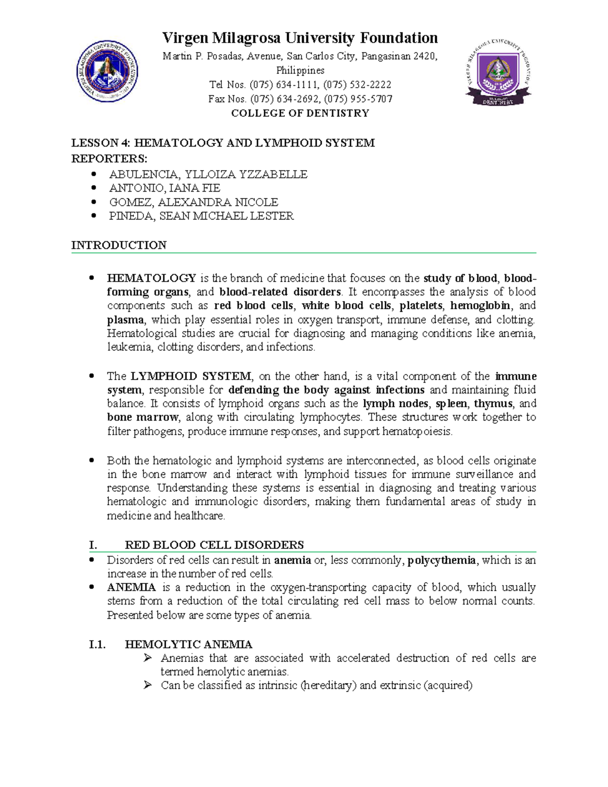 LEC IV: Hematology and Lymphoid System Overview - Studocu