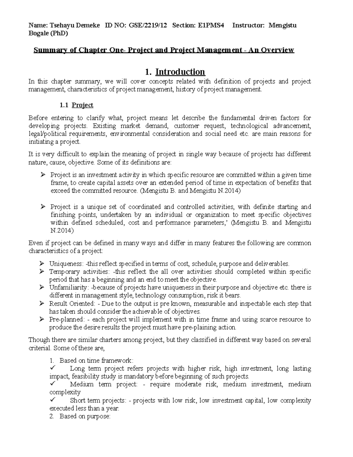 Summary of Chapter 1: Project Management Overview - E1PMS4 - Studocu