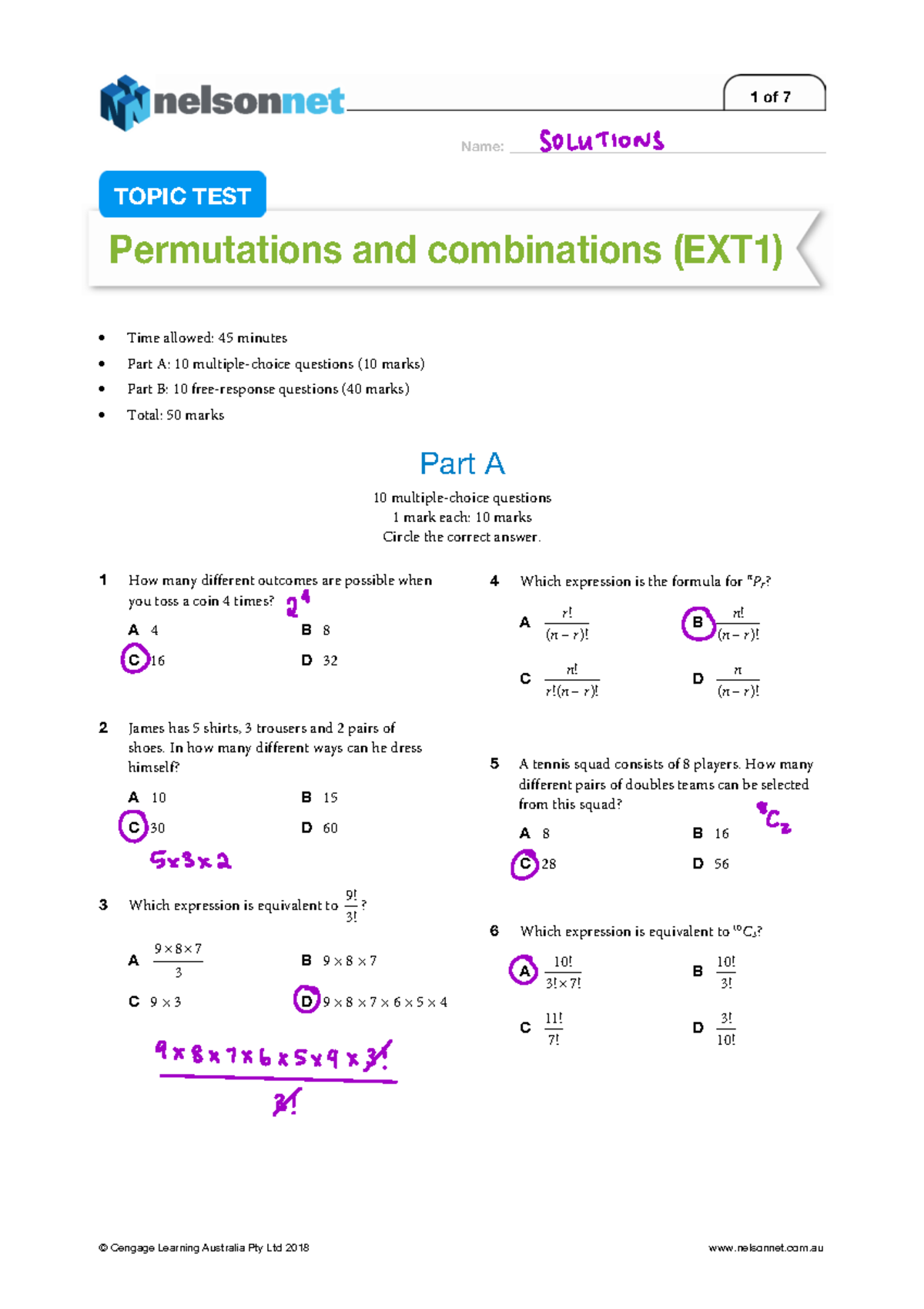 Chapter 3 - Yr11 Maths EXT1 Topic Test: Permutations & Combinations ...
