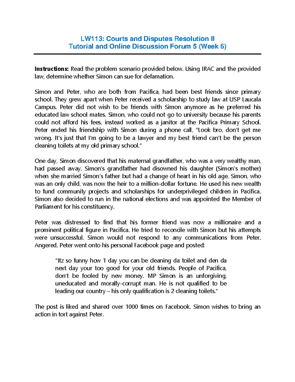 LW113: Defamation Case Study - Simon vs. Peter (Week 6) - Studocu