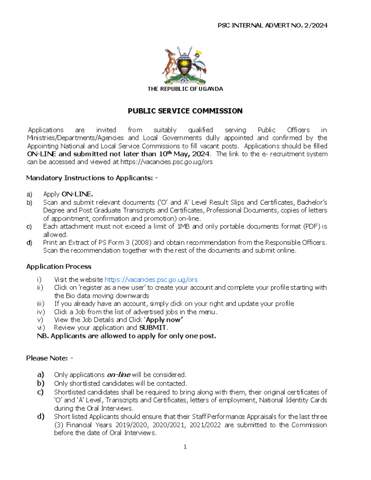 Internal Advert for Vacancies - Public Service Commission 2024 - Studocu