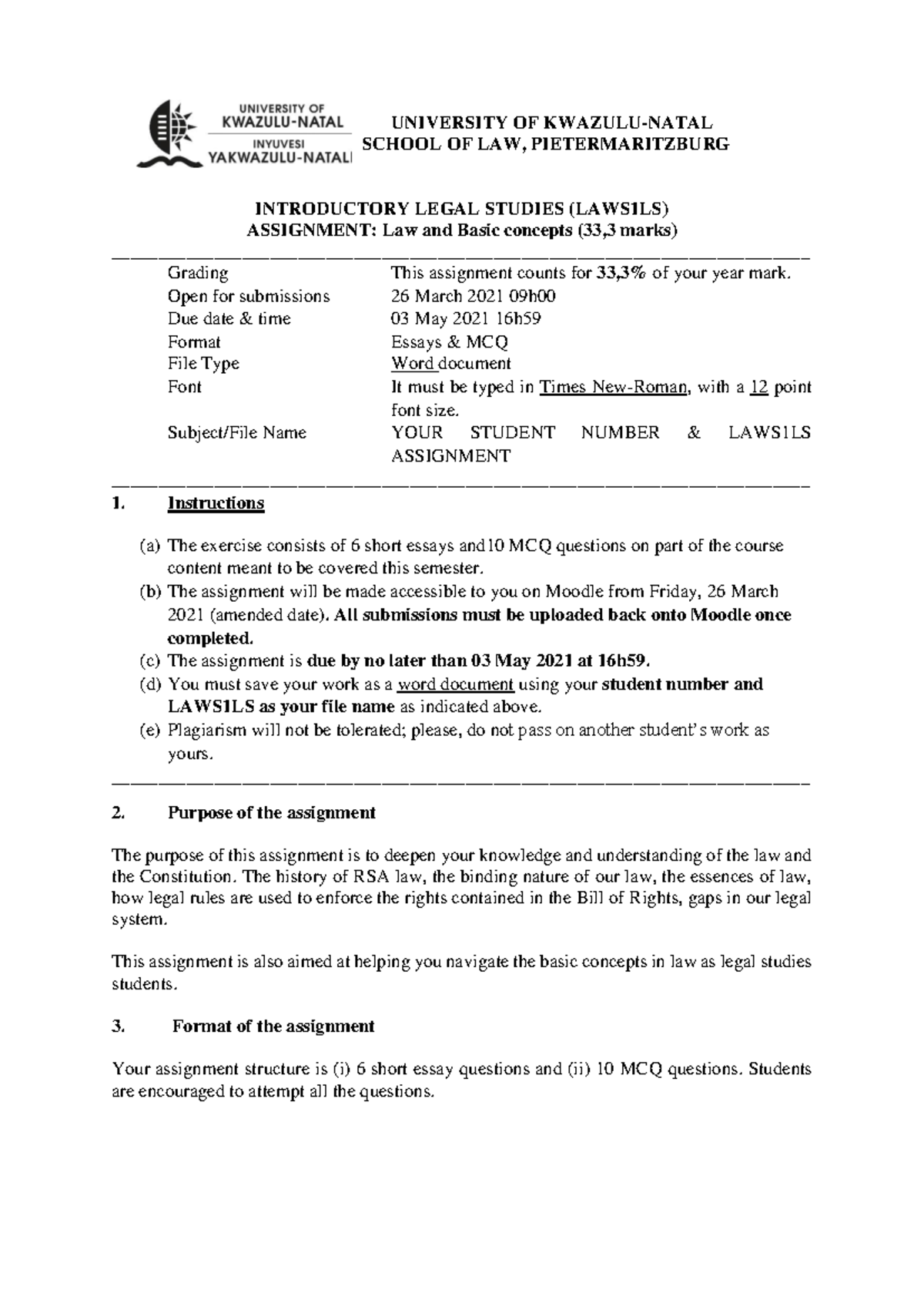 LS Assignment 26 March 2021 - UNIVERSITY OF KWAZULU-NATAL SCHOOL OF LAW ...