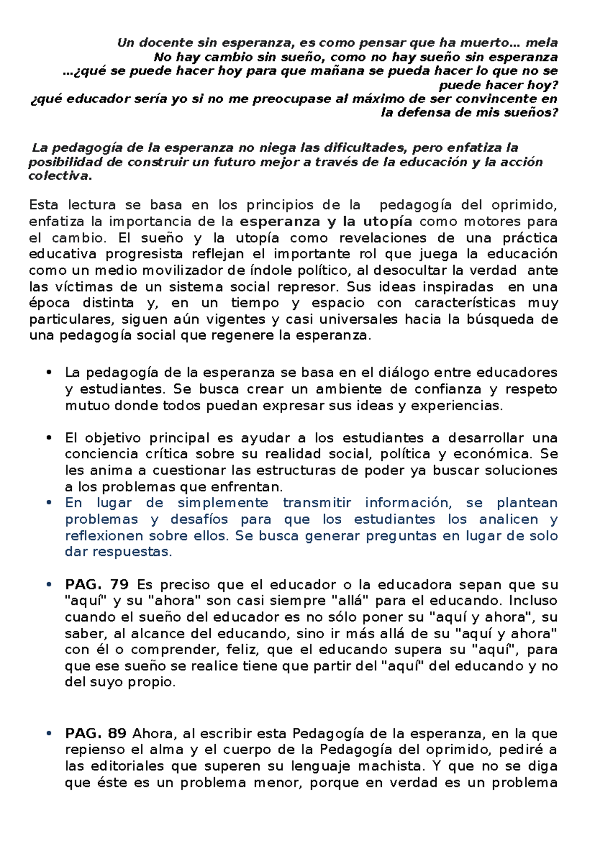 Pedagogía de la Esperanza: Reflexiones y Estrategias para la NEM - Studocu