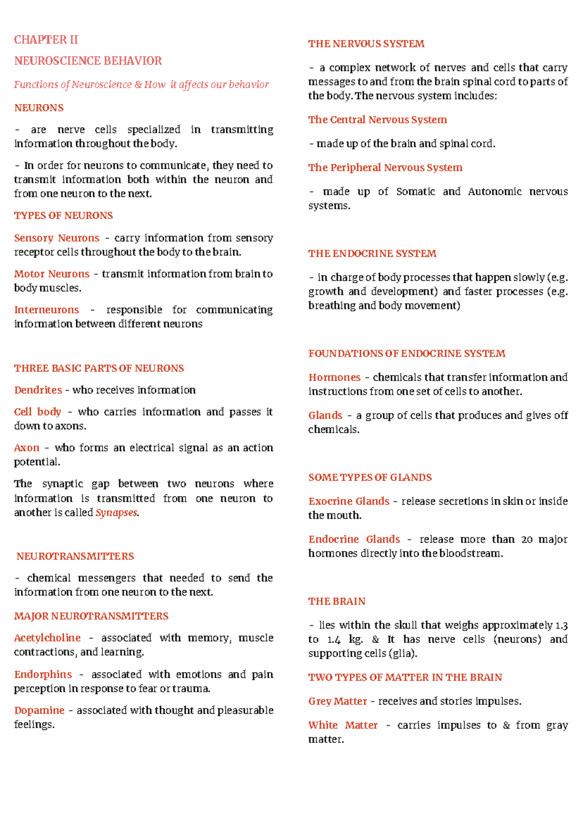 ITP Notes - CHAPTER II NEUROSCIENCE BEHAVIOR Functions of Neuroscience ...