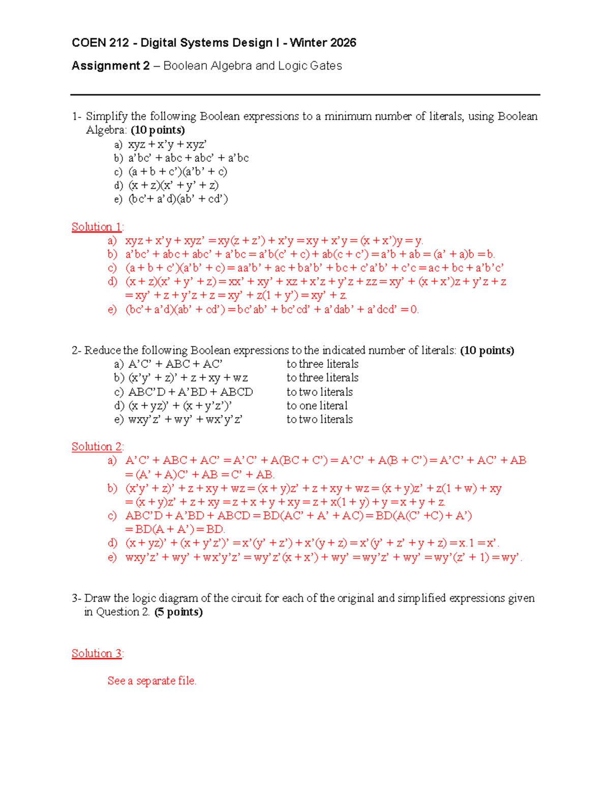 COEN 212 Digital Systems Design I Winter 2026 Assignment 2 Solutions on ...