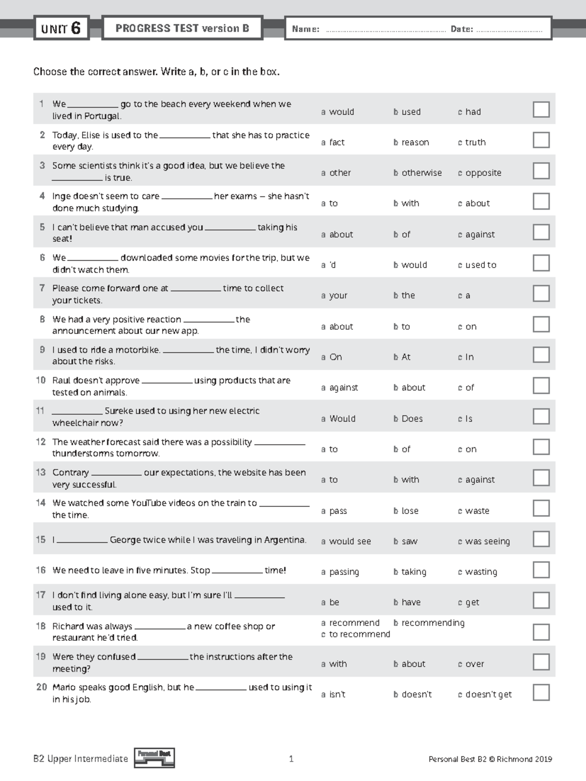 PB Am E B2 Unit Test U6 Progress Test Version B - Studocu