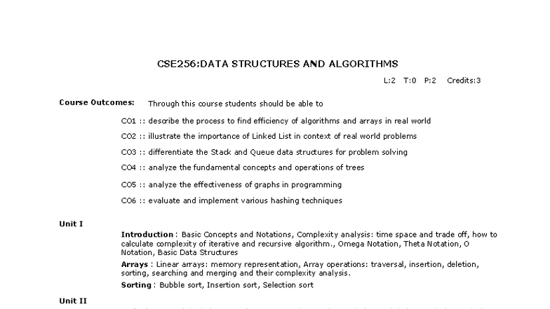 CSE256: Data Structures & Algorithms Syllabus Overview - Studocu