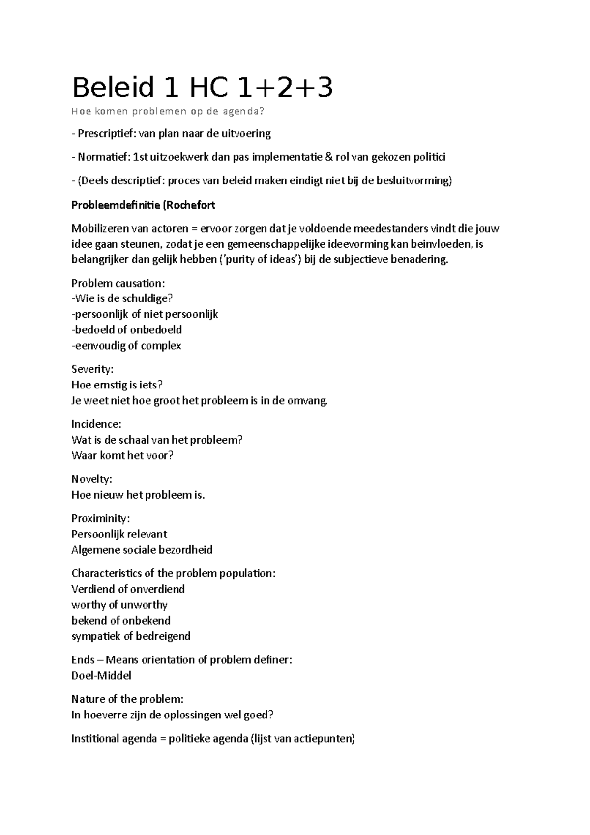 Beleid 1 HC 1-3: Agenda Setting en Probleemdefinities in Beleid ...
