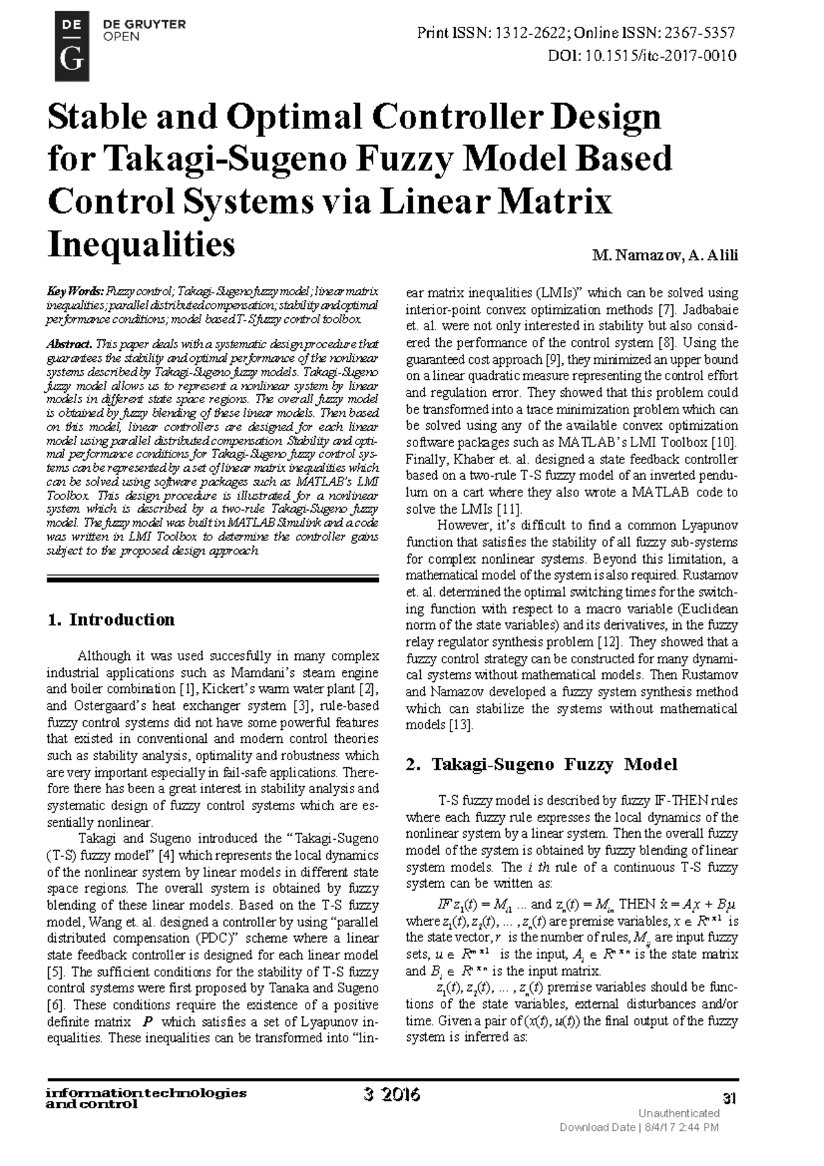 Stable and Optimal Controller Design for Takagi-Su - information ...