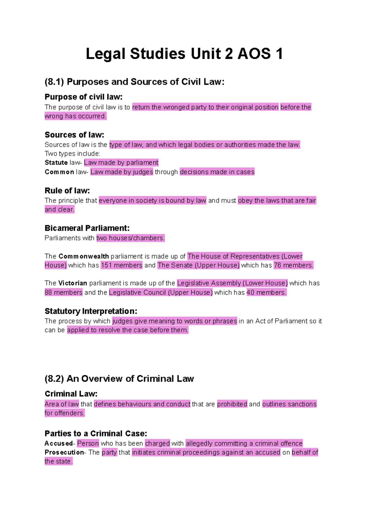 Legal Studies Unit 2 AOS 1-3: Overview of Civil and Criminal Law ...