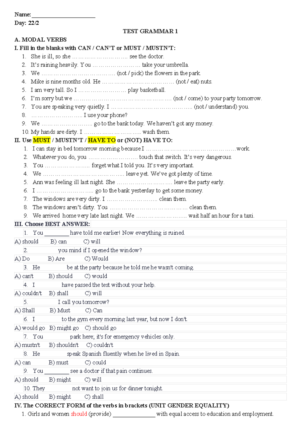 Test Grammar 1 - Modal Verbs Practice for English Exam (Tiếng Anh ...