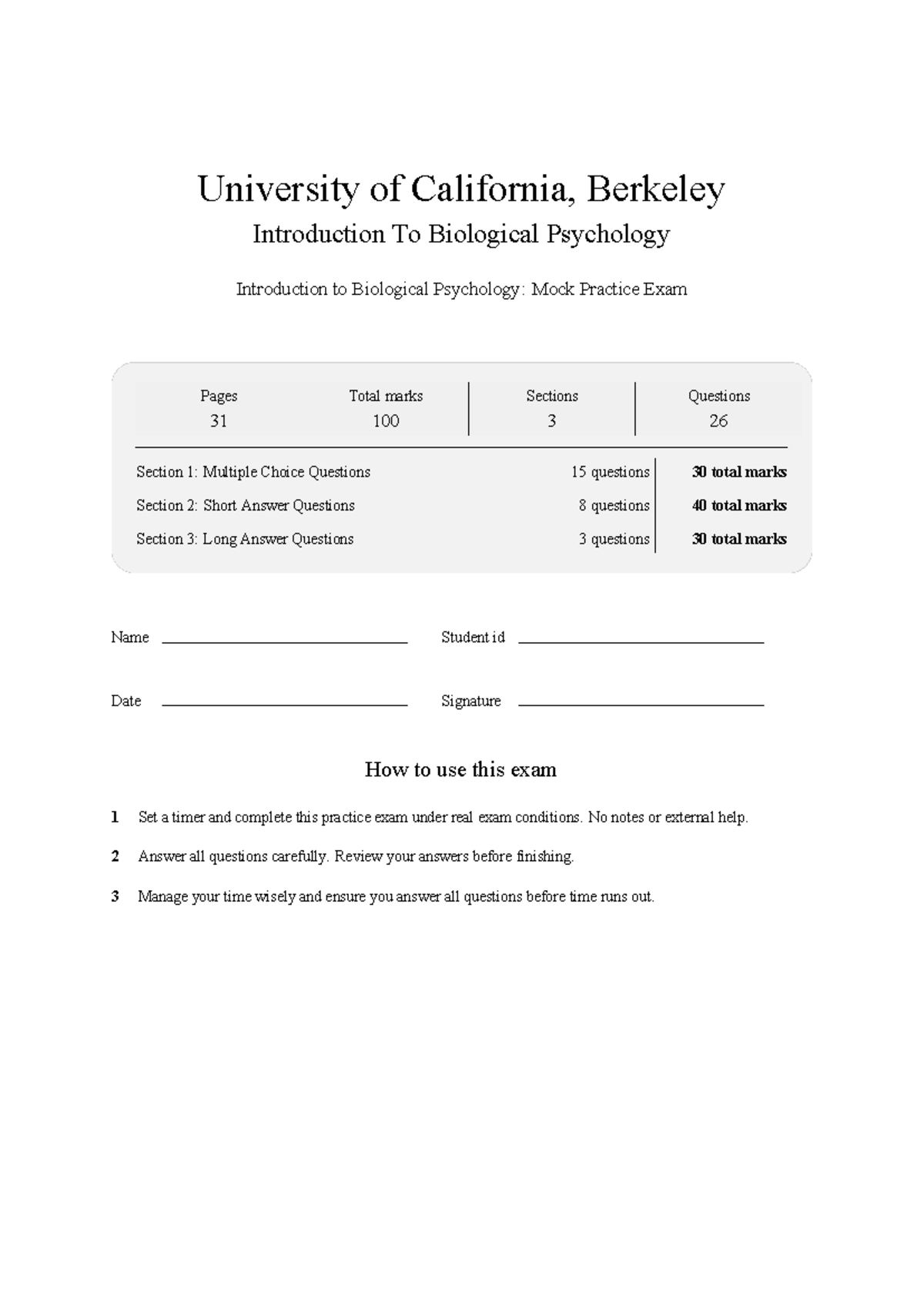 PSYCH 110 UCB Introduction to Biological Psychology: Practice Exam 2026 ...