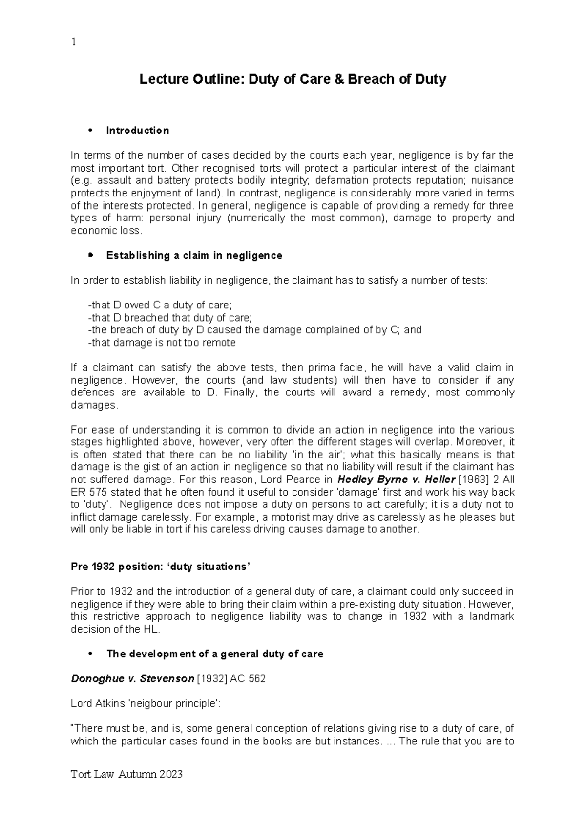 TORT 401: Lecture Notes on Duty of Care & Breach of Negligence - Studocu