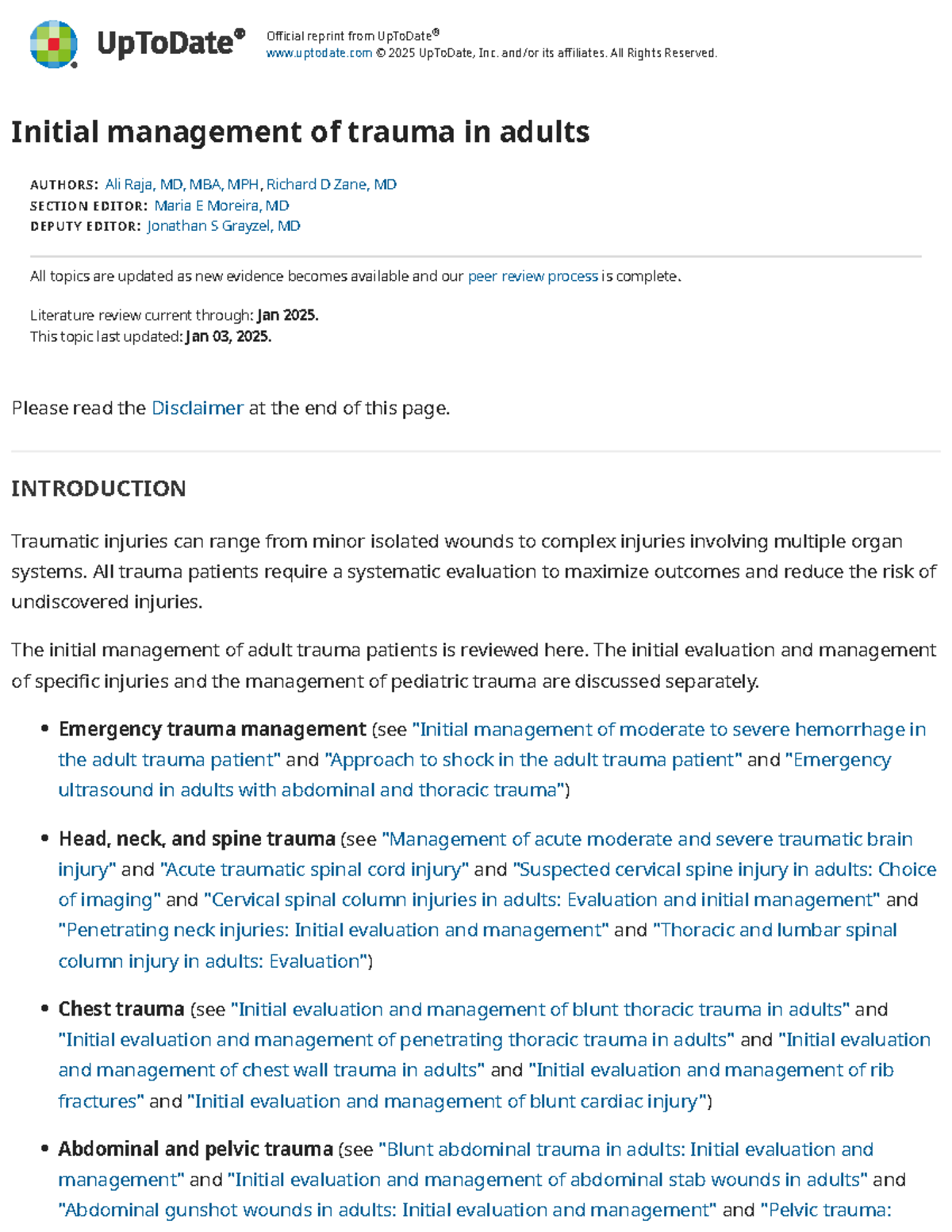 Initial Management of Trauma in Adults - EM 2025 Guidelines - Studocu