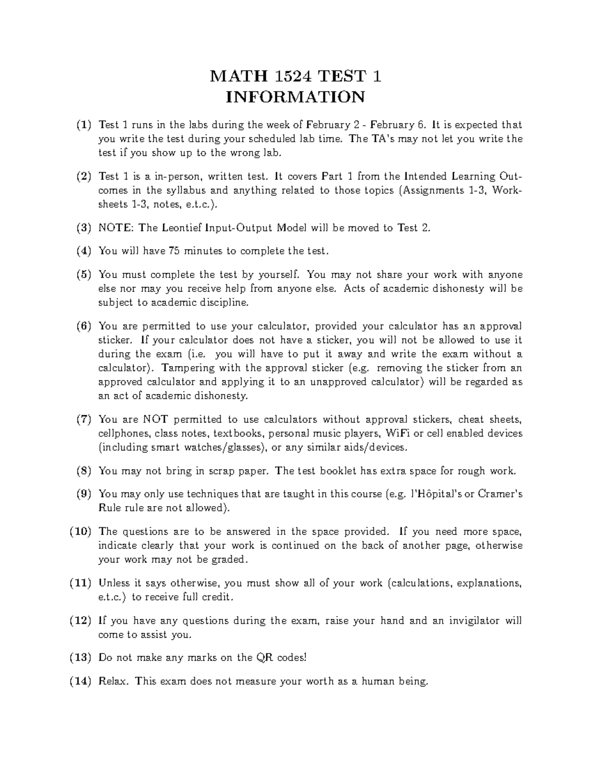MATH 1524 TEST 1: Important Guidelines and Instructions - Studocu