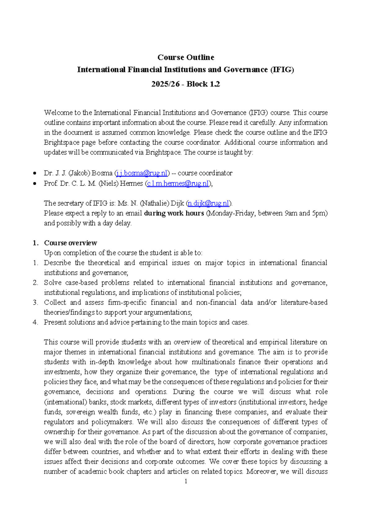 Course Outline: International Financial Institutions & Governance (IFIG ...