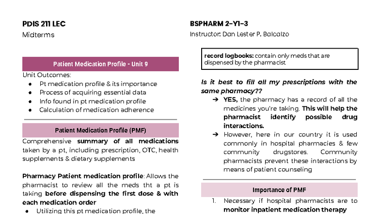 Med Profile PDIS1 Midterms Lansang - PDIS 211 LEC BSPHARM 2-Y1 ...