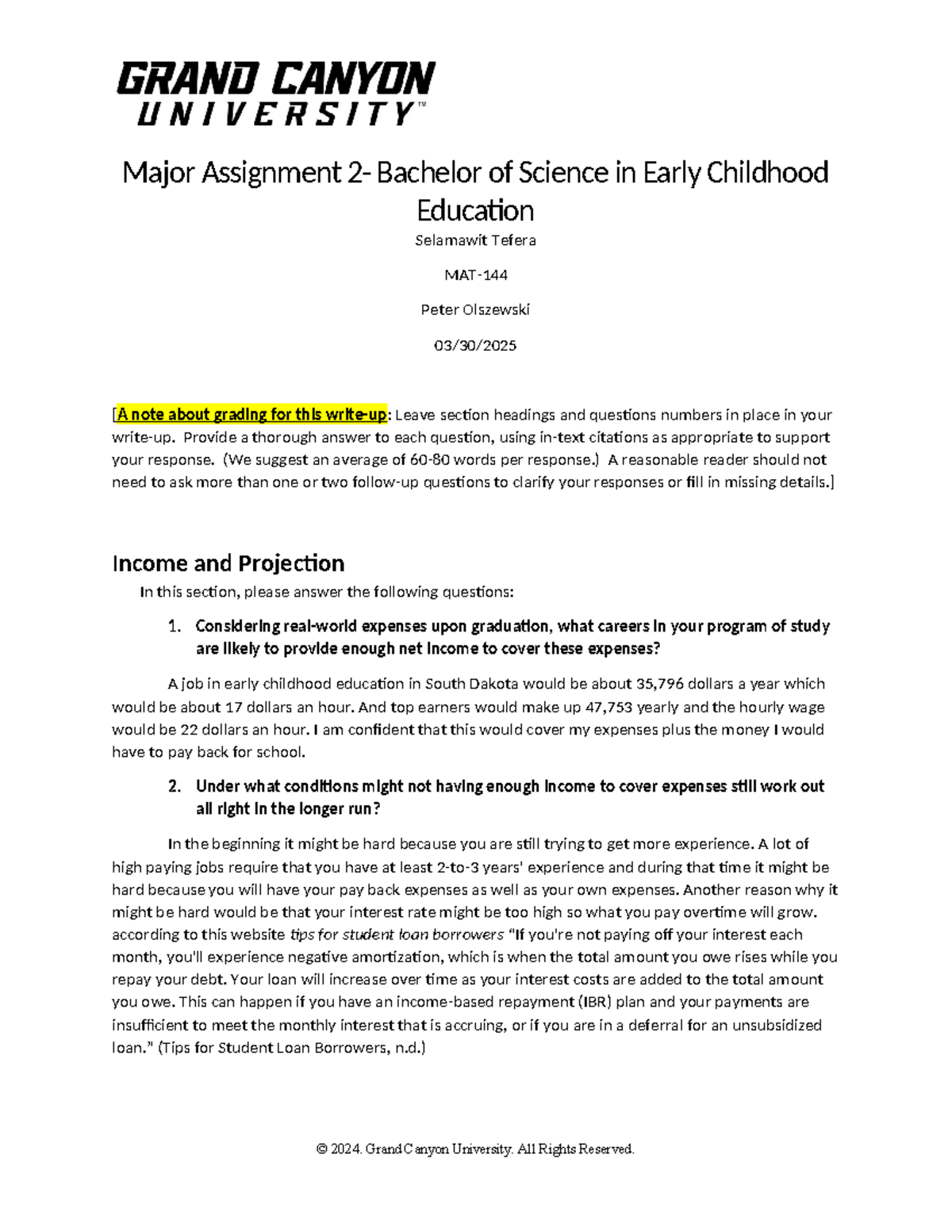 MAT-144-RS-Online Major Assignment 2: Financial Insights in Early Childhood - Studocu