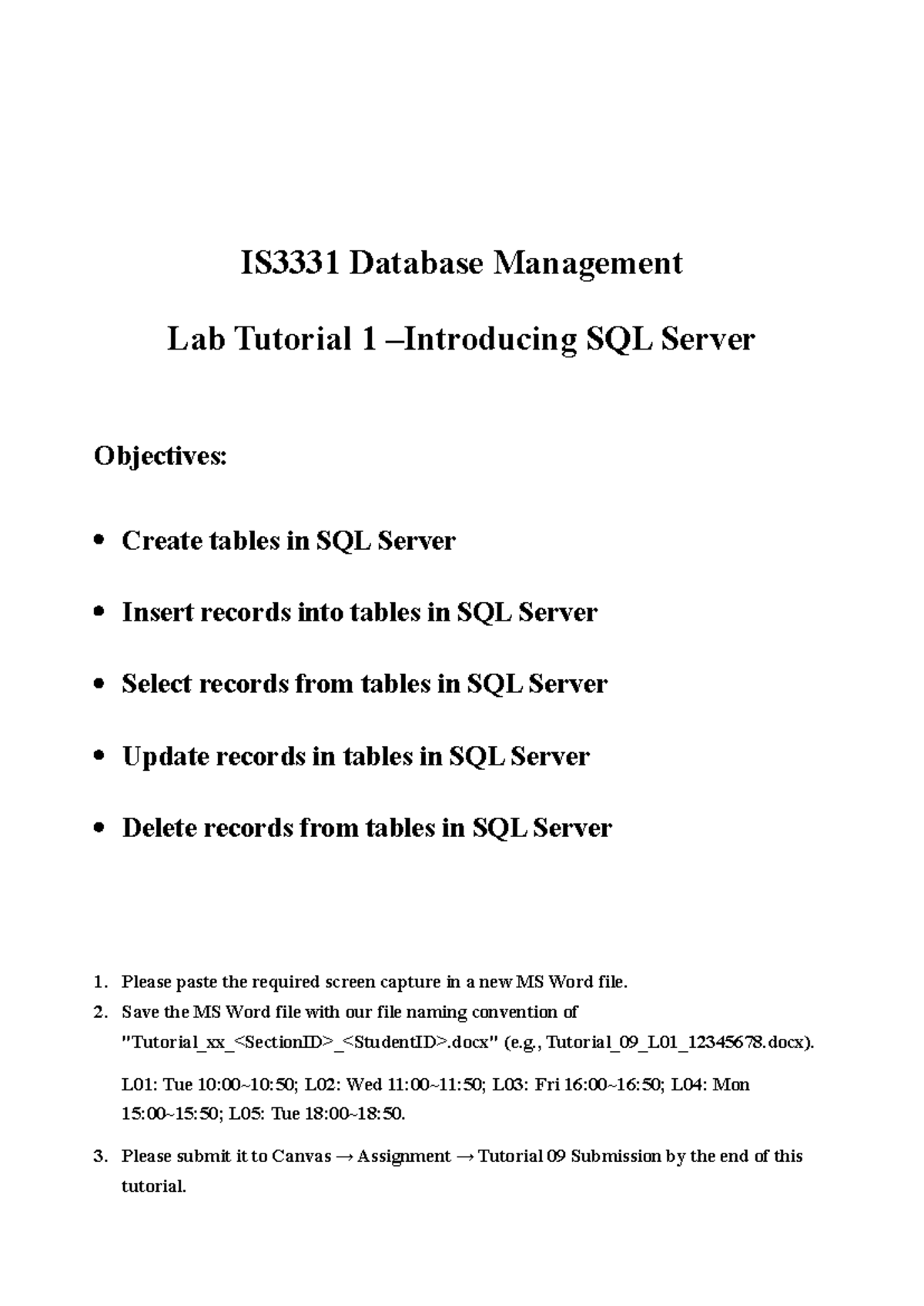 IS3331 Lab 1 SQL Server - IS3331 Database Management Lab Tutorial 1 ...