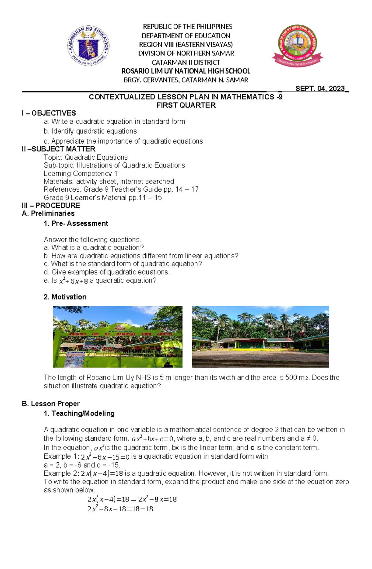 Lesson Plan on Quadratic Equations - Grade 9 Mathematics - Studocu