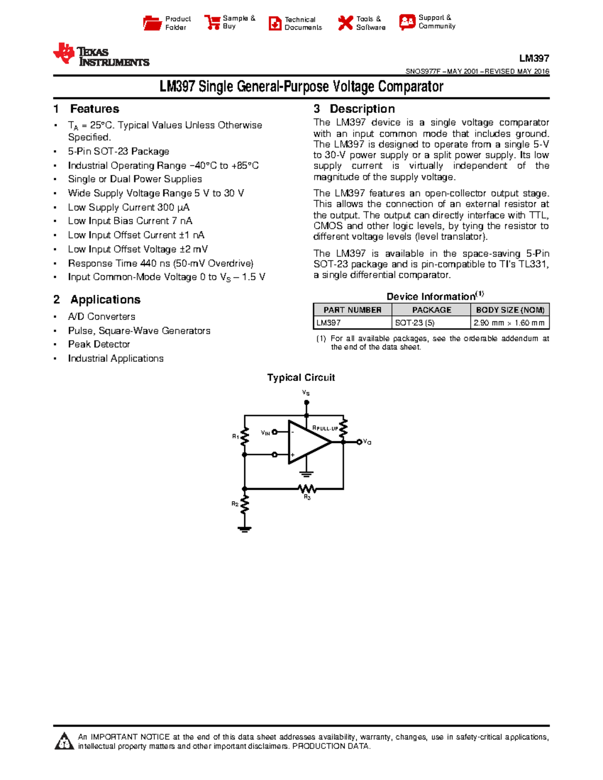 LM397 Single Voltage Comparator Technical Document Overview - Studocu